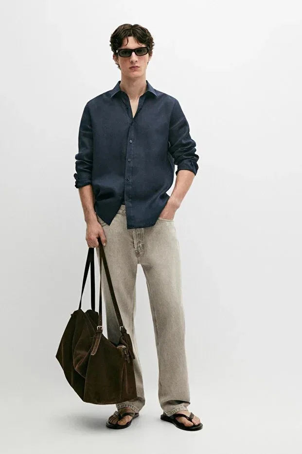 Мужская рубашка льняная Slim Fit Massimo Dutti, Dark Lacquer
