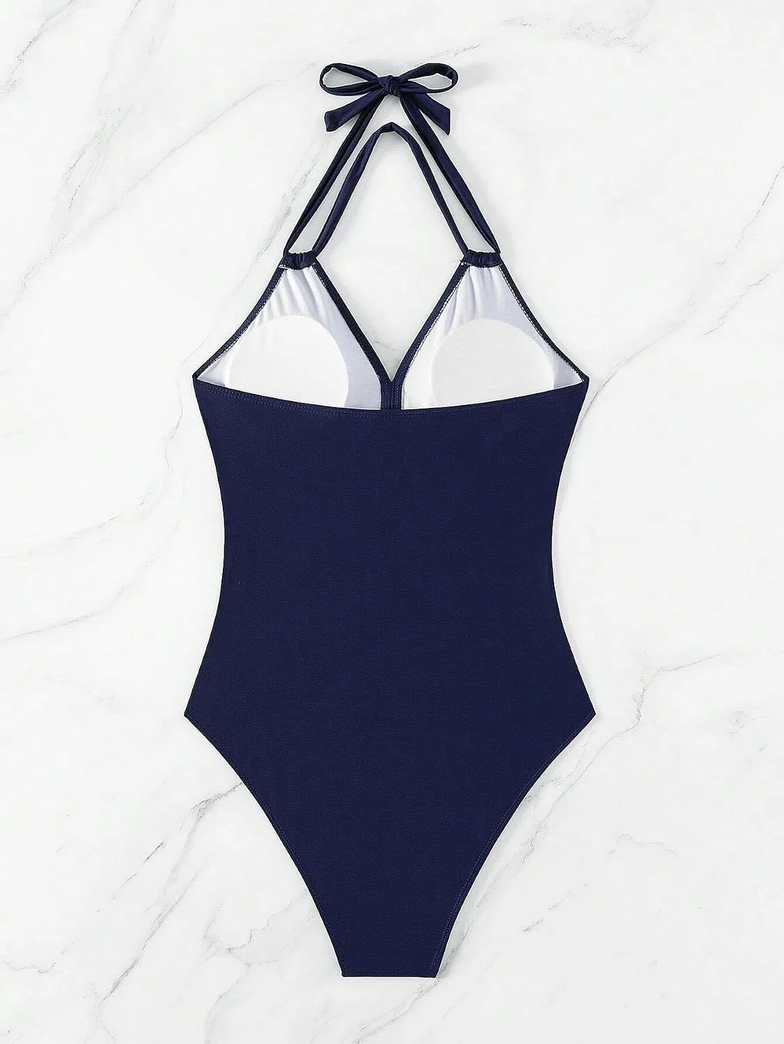Женский цельнокроеный купальник с цветными блоками и запахом Generic, Navy Blue — фото 3