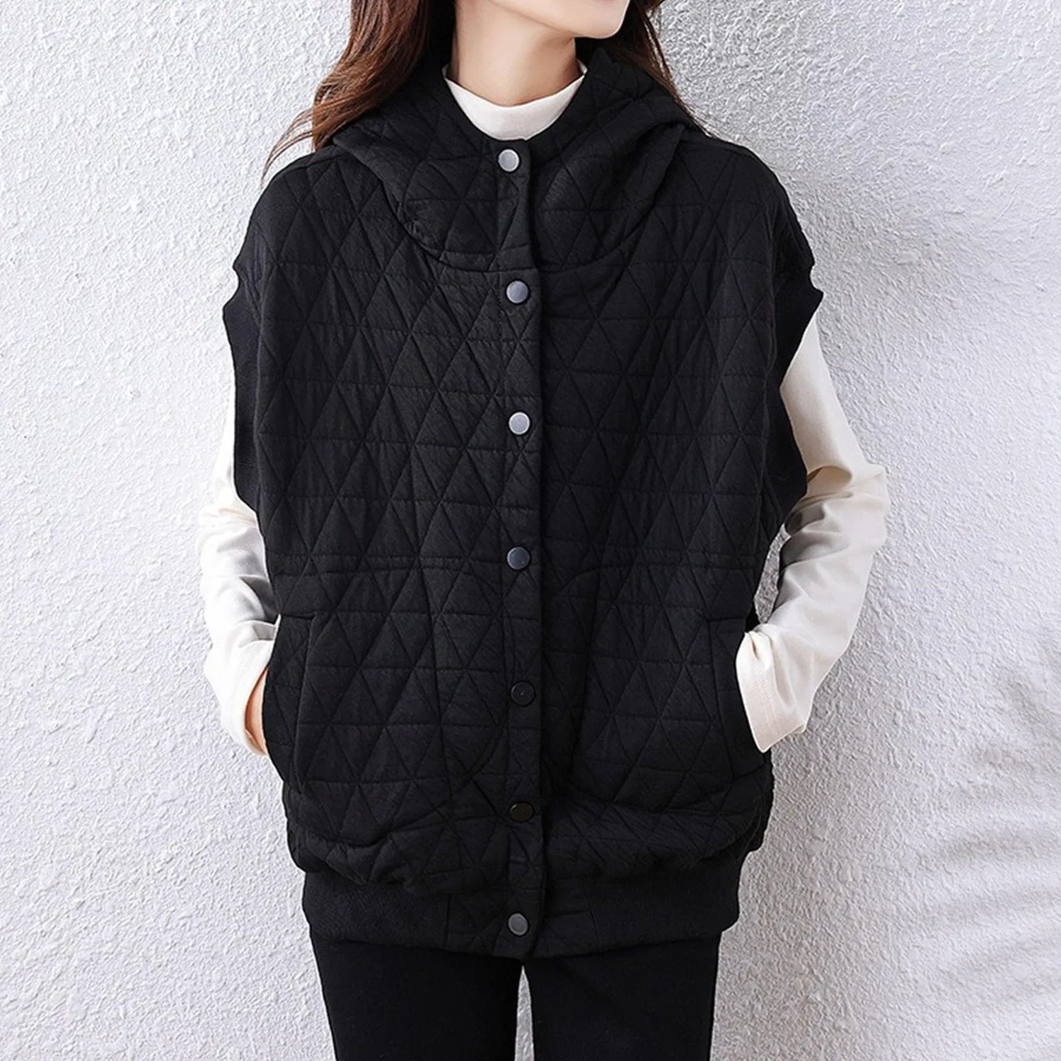 Женское пальто без рукавов с капюшоном, Nero — фото 3