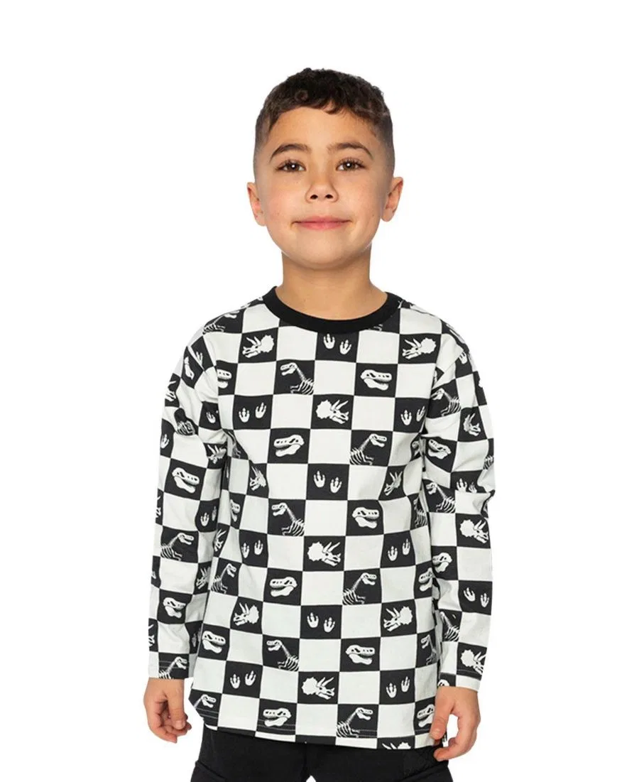 Детская футболка с длинным рукавом с шахматным принтом Deux par Deux, Black And White Checker — фото 2