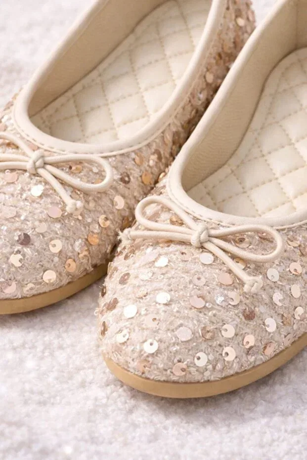 Детские балетки для девочек с бантом Slipcat, Sequined Cream — фото 2