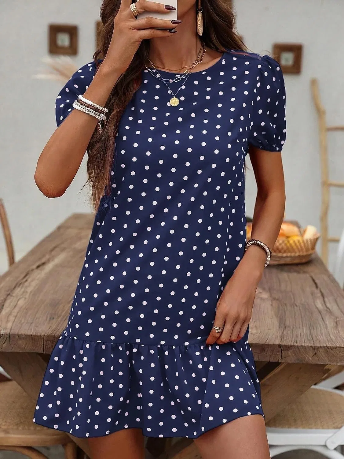 Женское повседневное платье с воланами и горошком, Navy Blue — фото 4