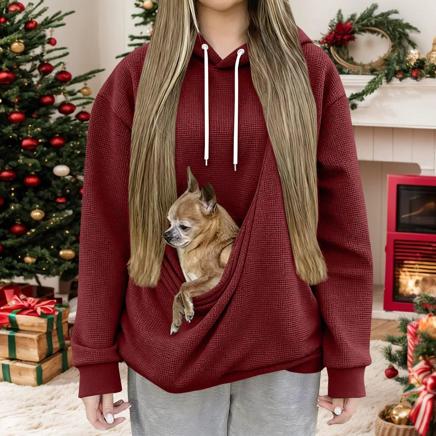 Женский худи с длинным рукавом и карманом-кенгуру Cat Hoodie, Z11 Red #1 — фото 4