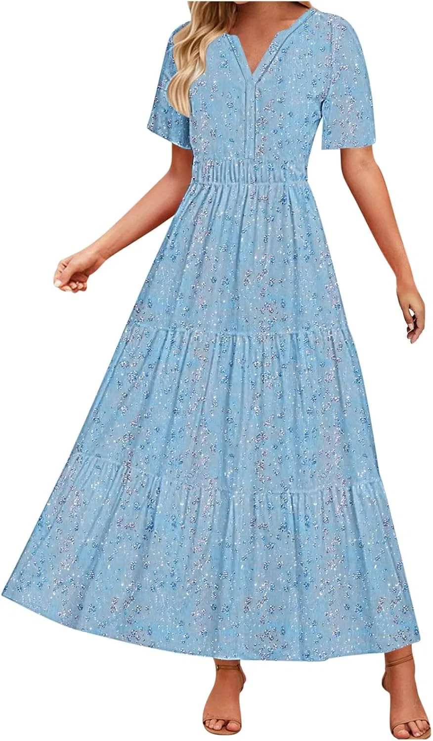Женское летнее платье А-силуэта миди с коротким рукавом, Light Blue — фото 2