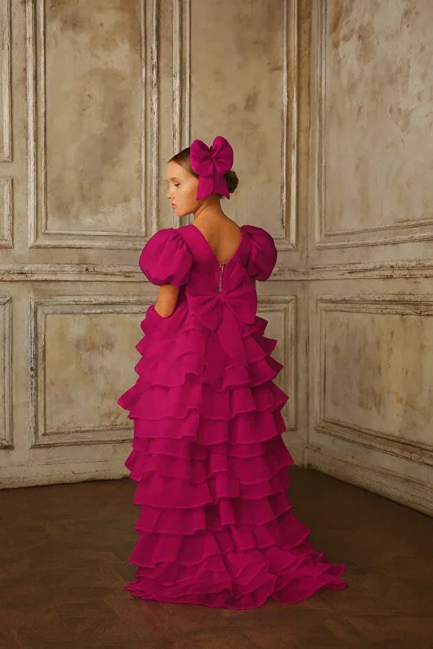 Детское платье для девочек с коротким рукавом take off tail layered evening dress and buckle Kids, Fuchsia