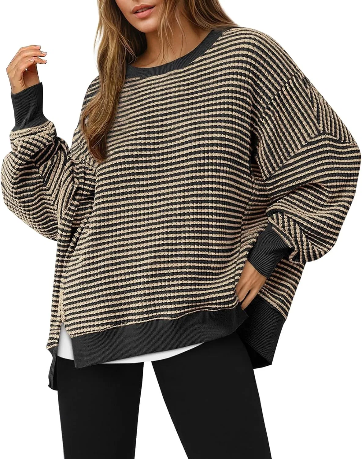 Женский свободный свитшот с длинным рукавом, Oversized Striped Sweatshirt, тёмно-серый
