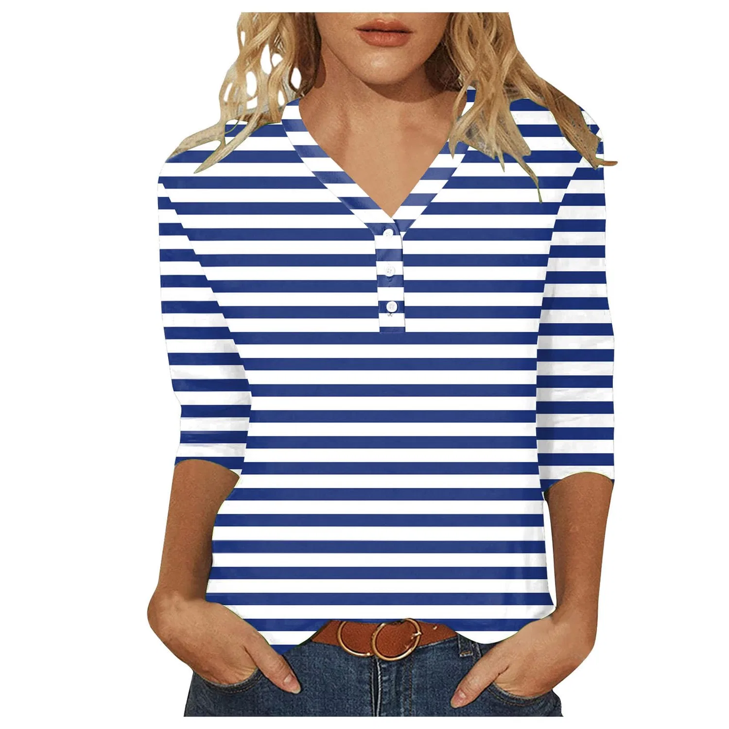 Женская футболка с принтом Plaid Shirt 3/4 Sleeves, E-blue