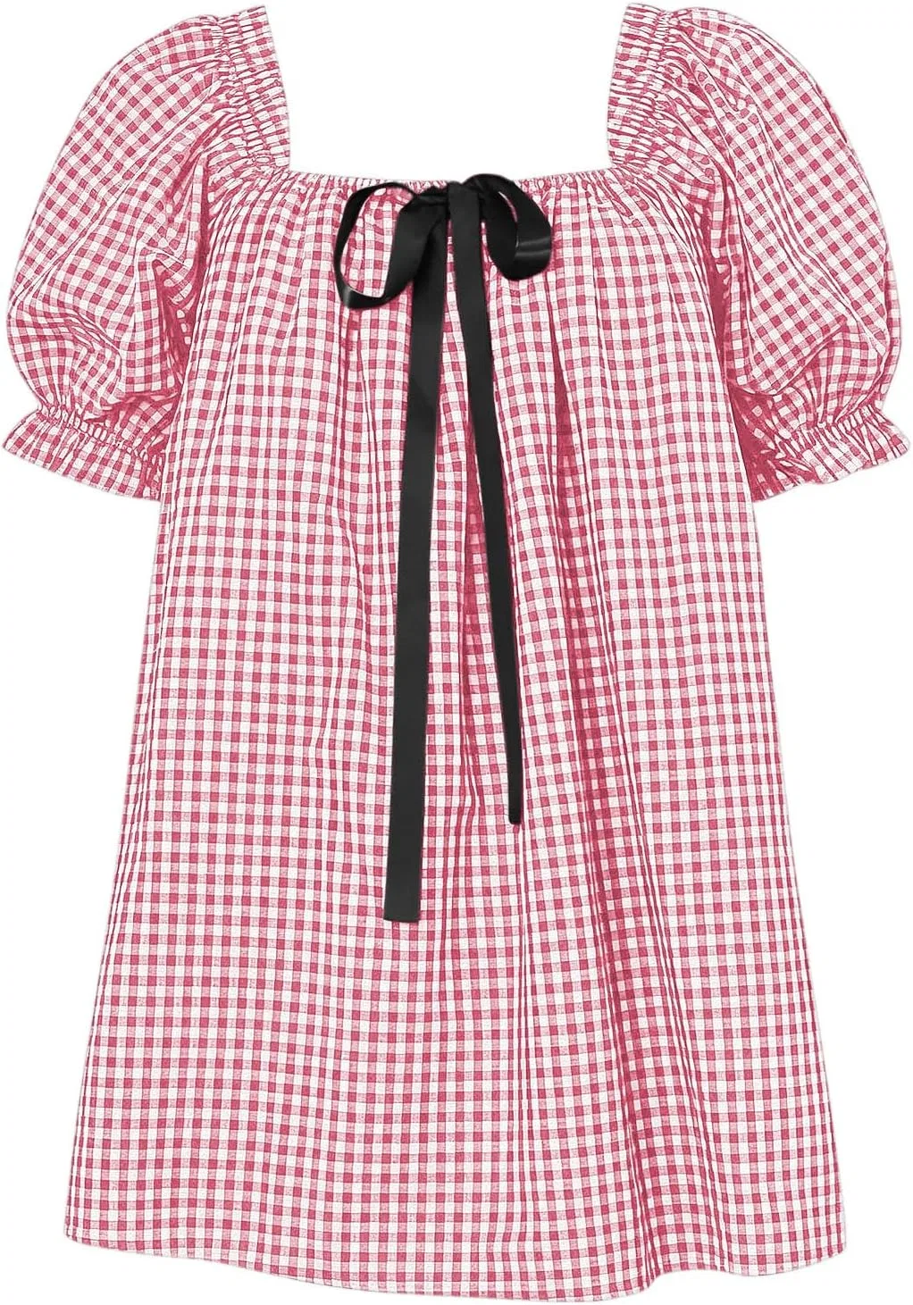 Женское мини-платье babydoll в клетку с пышными рукавами, Pink — фото 4