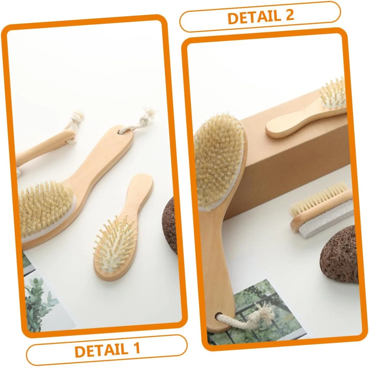 Щетка для тела Body Brush Set из натуральной щетины с эксфолиирующим камнем, OATIPHO, 26x7.2x4 см, Beige — фото 3