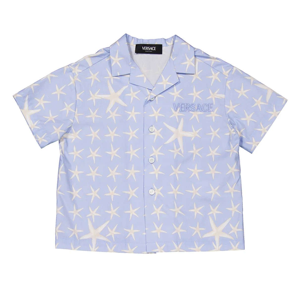 Рубашка для мальчиков с принтом Stella Marina, модель Stella Marina Cotton Poplin Shirt Young Versace, Azzurro/Avorio/Azzurro
