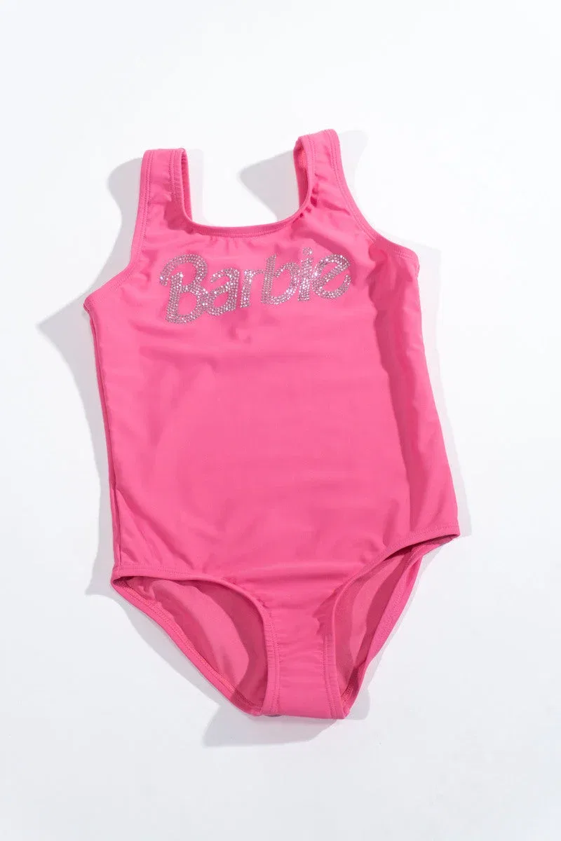 Детский слитный купальник для девочек с блестящим логотипом Barbie Forever 21, Pink/Multi