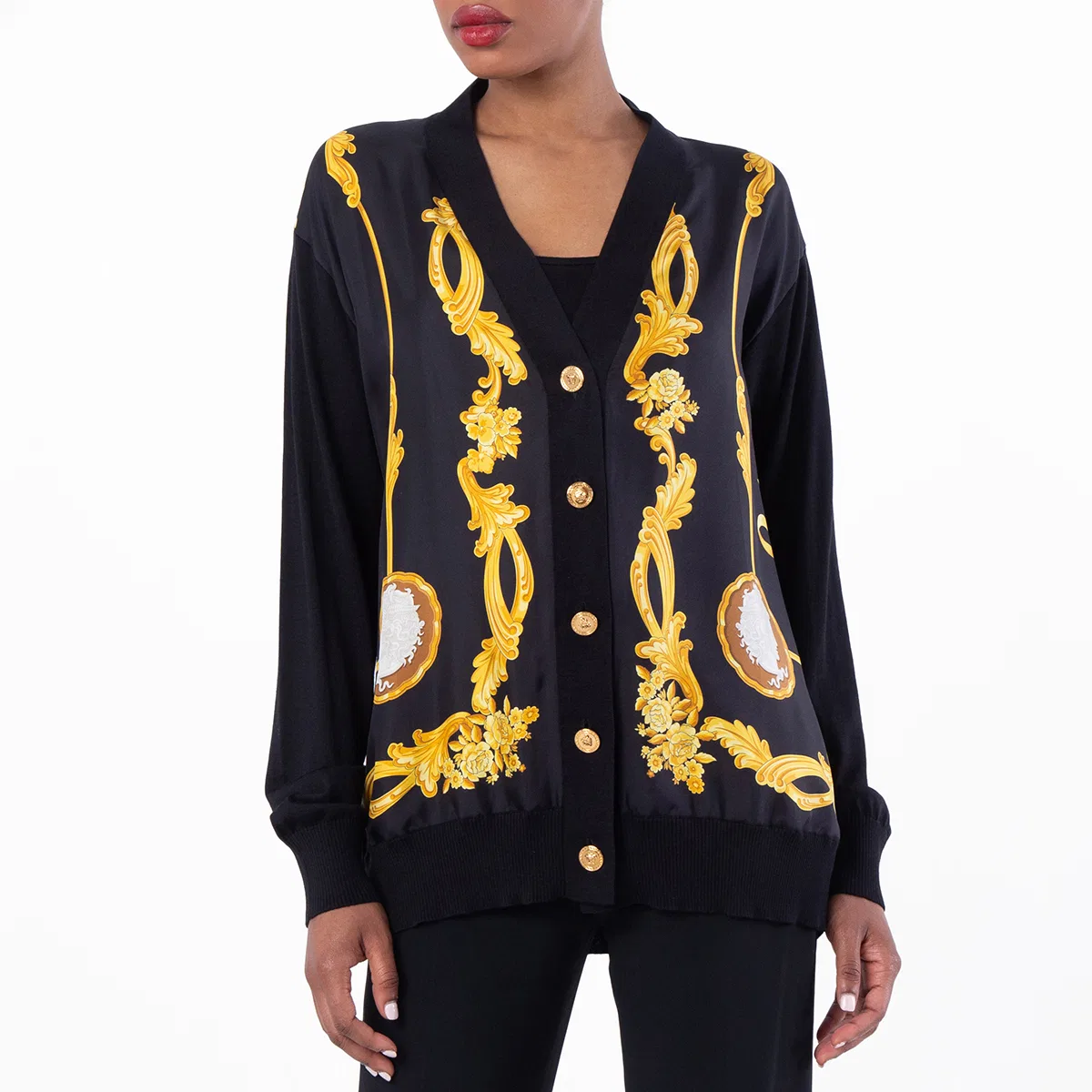 Кардиган женский с принтом Baroque V-образным вырезом Versace, Black/Gold