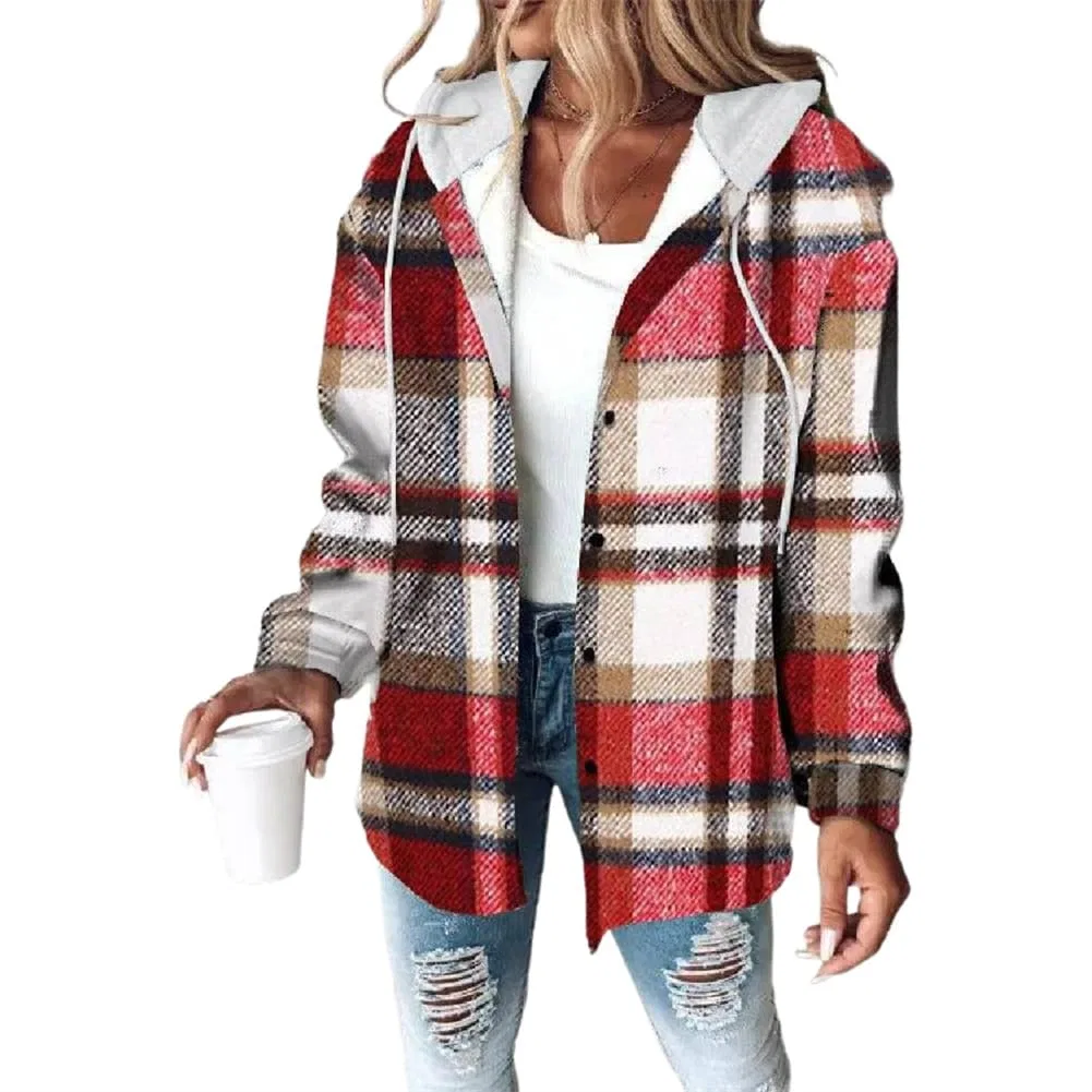 Женская куртка с принтом в клетку с завязками, модель Women Fashion Red Plaid Print Drawstring Jacket, Rosso Mattone — фото 3