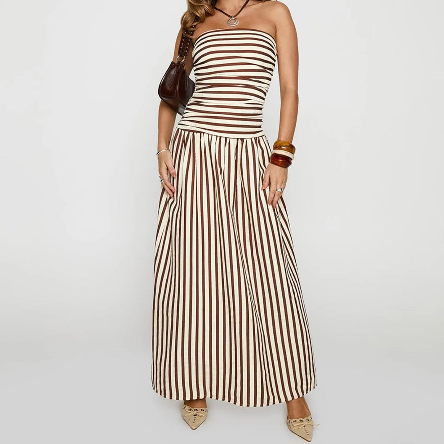 Женское летнее платье-макси без бретелек с драпировкой, Brown Striped — фото 2