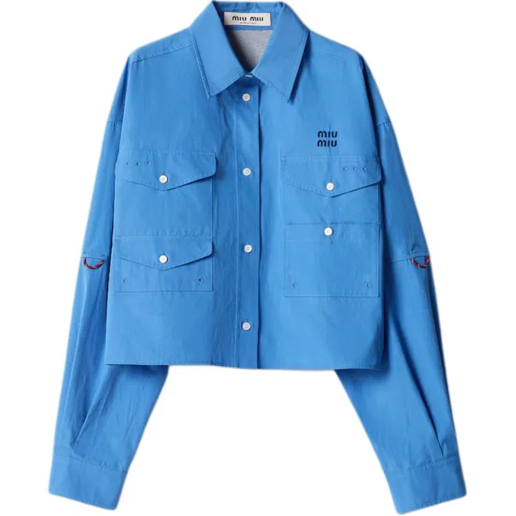 Женская рубашка с вышивкой логотипа Miu Miu, Light Blue