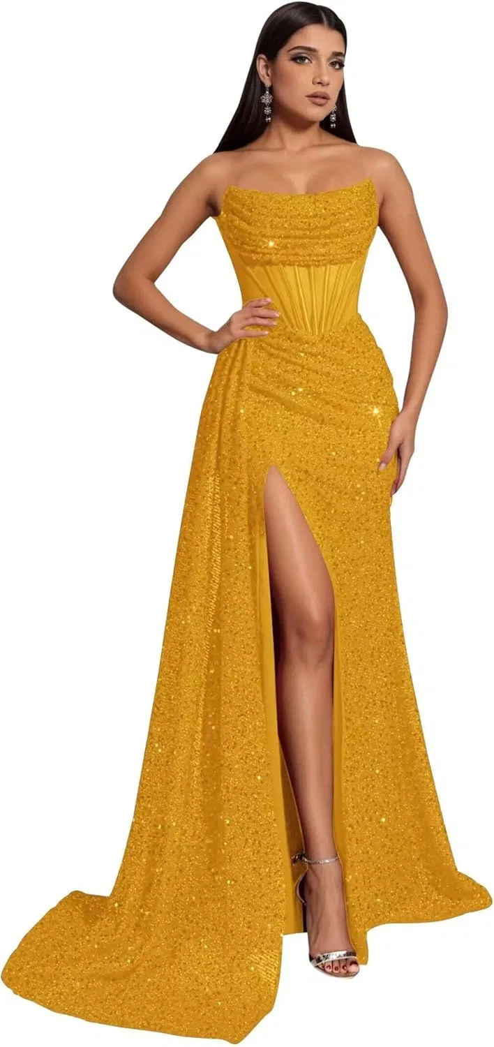 Женское блестящее пайетковое платье-русалка с разрезом Strapless, Gold