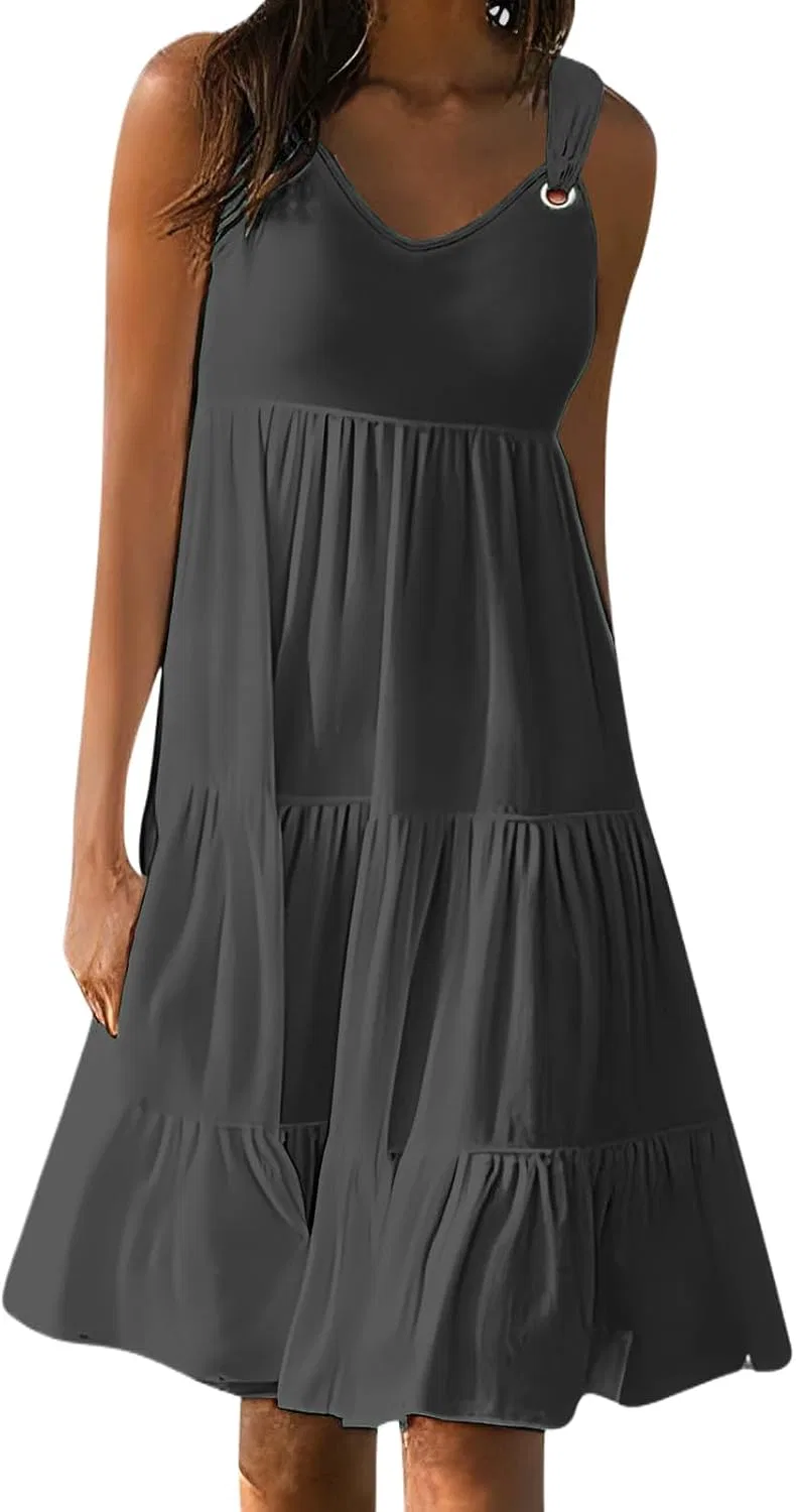 Женское пляжное платье-туника с рюшами Sleeveless Loose Beach Ruffle Tiered Sundress, Dark Gray