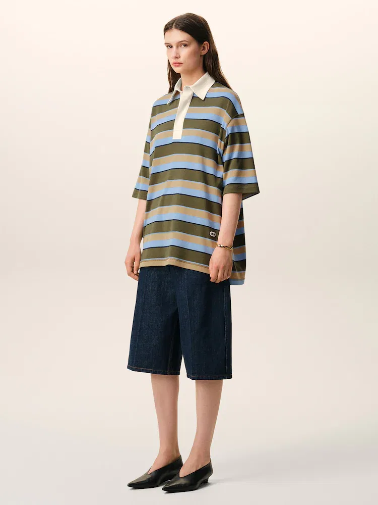 Футболка поло с полосками Oversize Fit с патчем Oval Ami AMI PARIS, Bleucach/Kaki/Taupe/Encre — фото 3