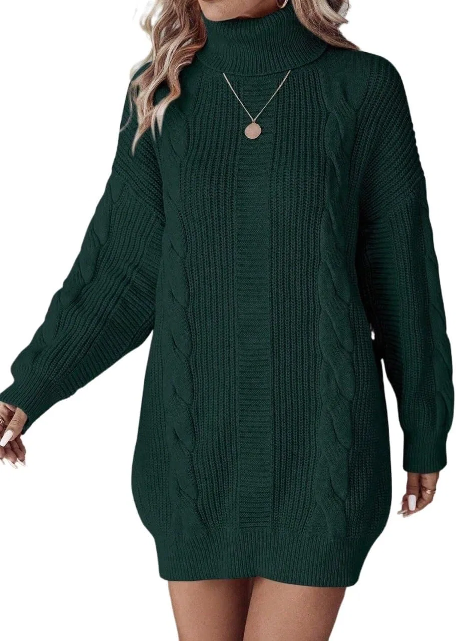 Женское вязаное платье с высоким воротником, свободный крой, Dark Green — фото 2