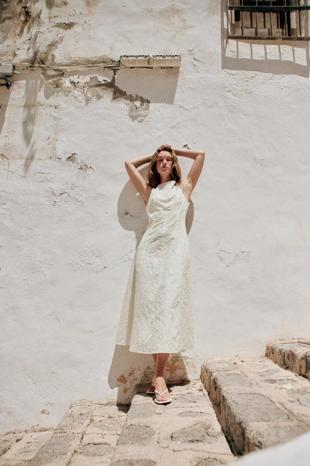 Платье миди с ажурной вышивкой ZARA, White