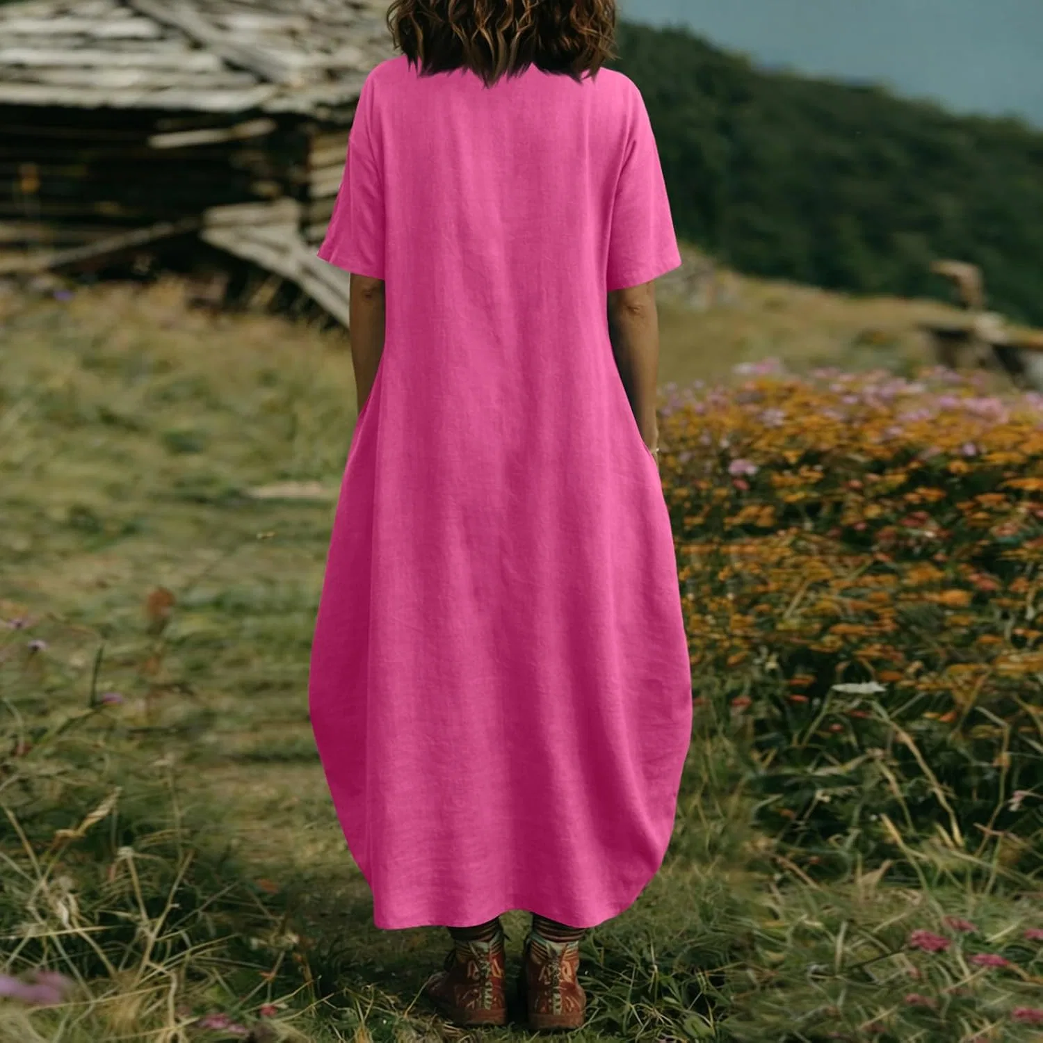 Женское свободное макси-платье с коротким рукавом Cotton Linen, Hot Pink — фото 3