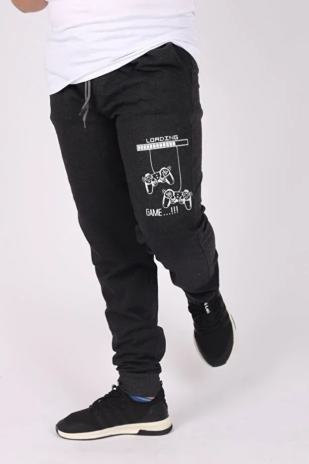 Детские спортивные штаны для мальчиков с принтом Loading Game Print Detailed 2 Rope Cosba Kids Wear, Smoke Grey