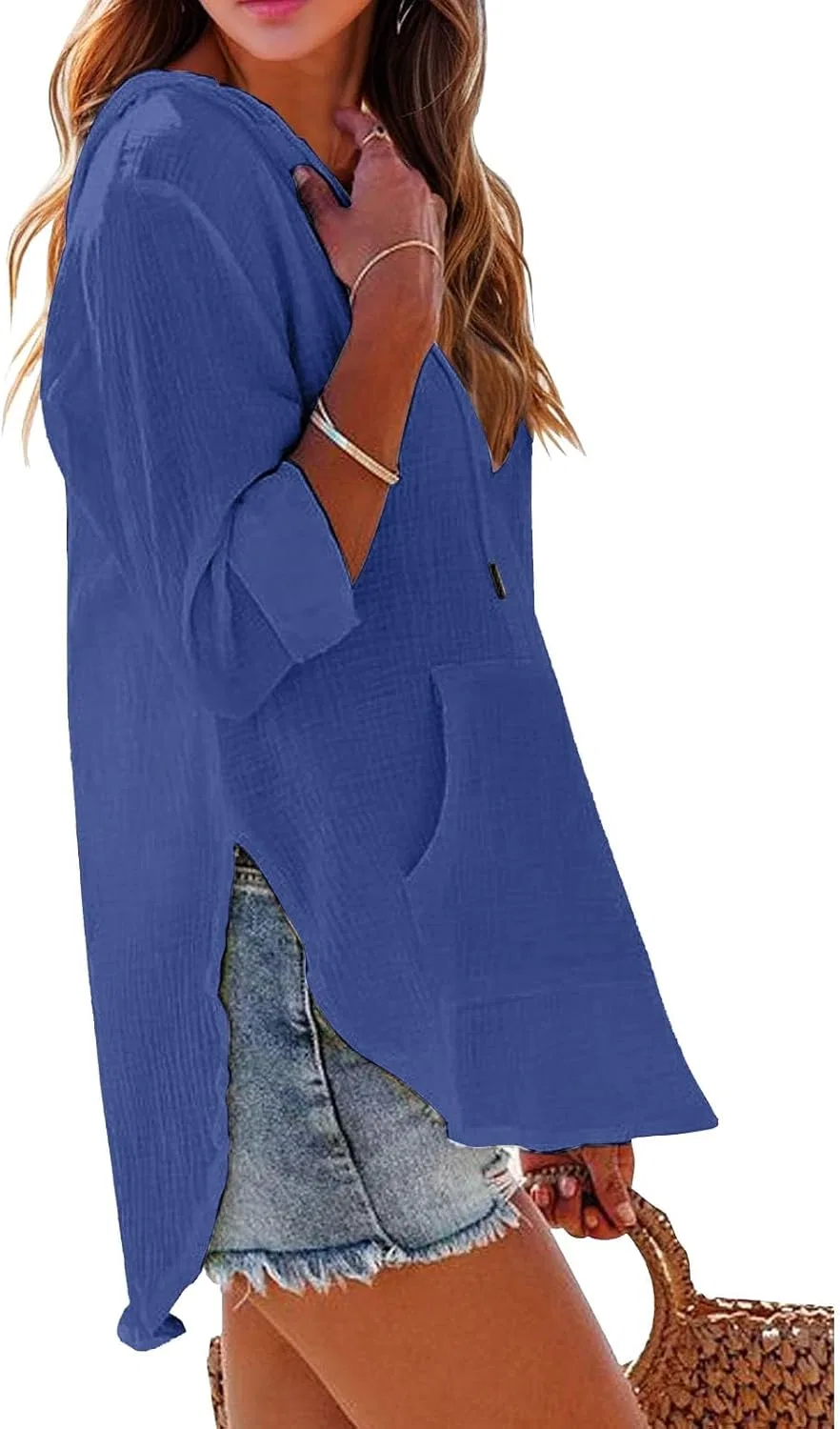 Женская пляжная рубашка Oversize с длинным рукавом Linen Shirts, A-blue — фото 4