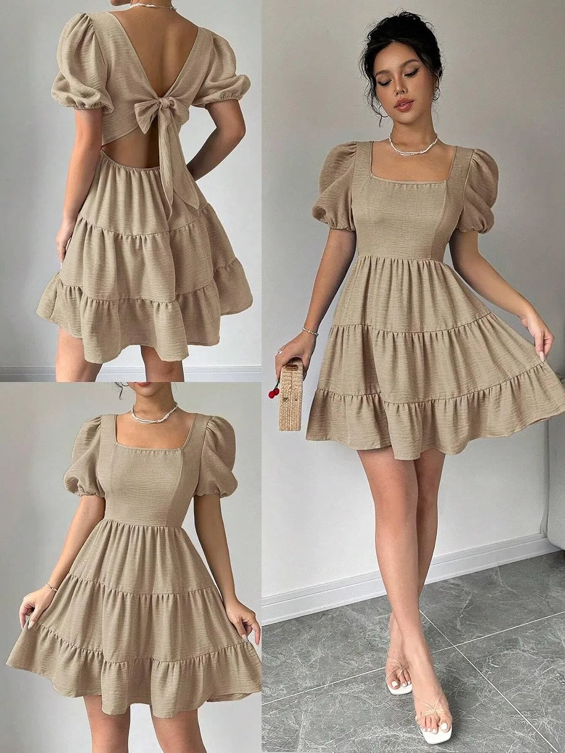 Женское летнее пляжное платье с воланами и открытой спиной, Khaki — фото 4