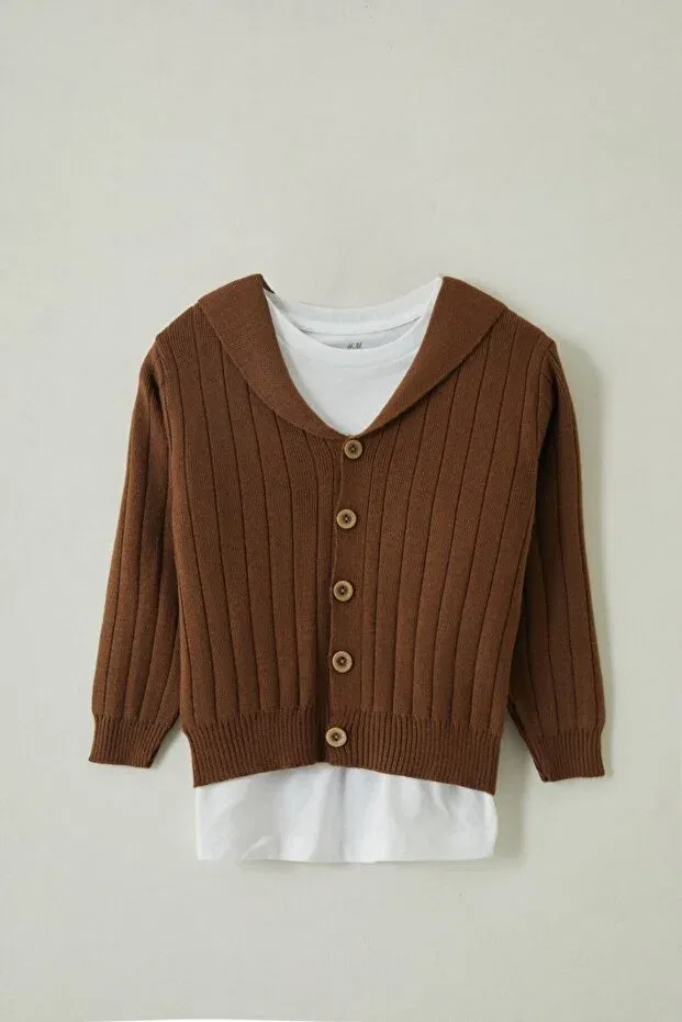 Детский кардиган с асимметричным воротником, Collared knitwear cardigan, Nazhankids, Brown — фото 3