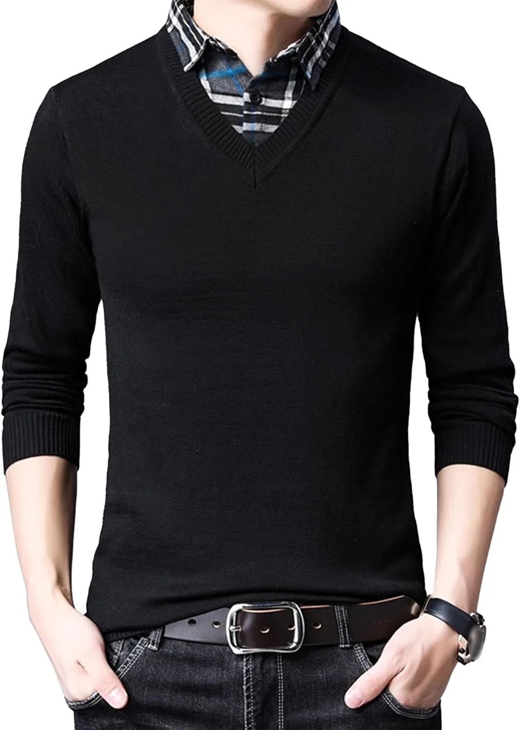 Мужской свитер V-образным вырезом, вязаный, с длинным рукавом, Slim Fit