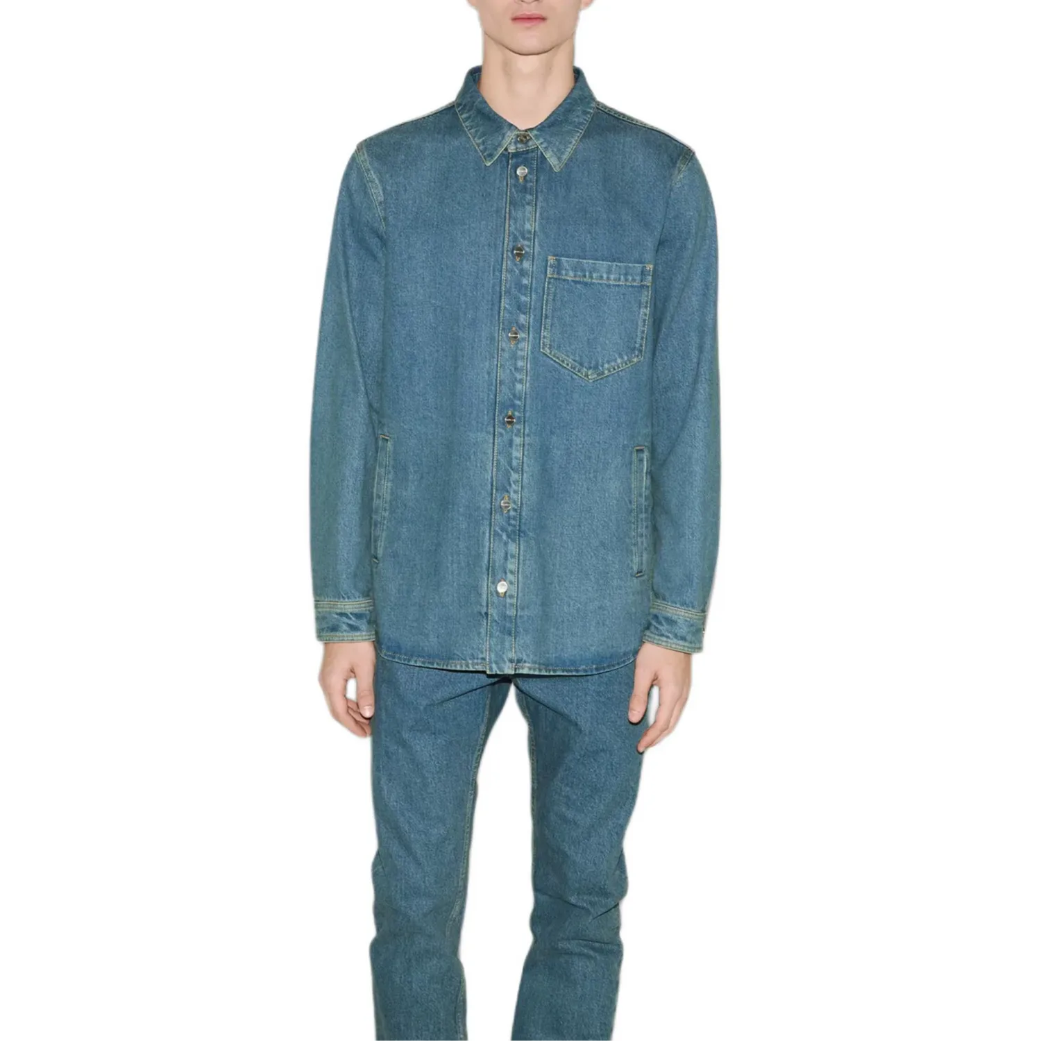 Рубашка мужская GUCCI Blue Pointed Collar Moderate Denim, с отложным воротником, синяя — фото 4