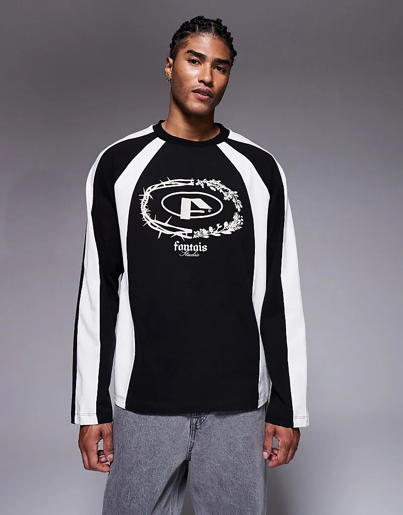 

Футболка ASOS DESIGN свободного кроя с длинными рукавами, принтом на груди и вставками в антрацитовом и кремовом цветах