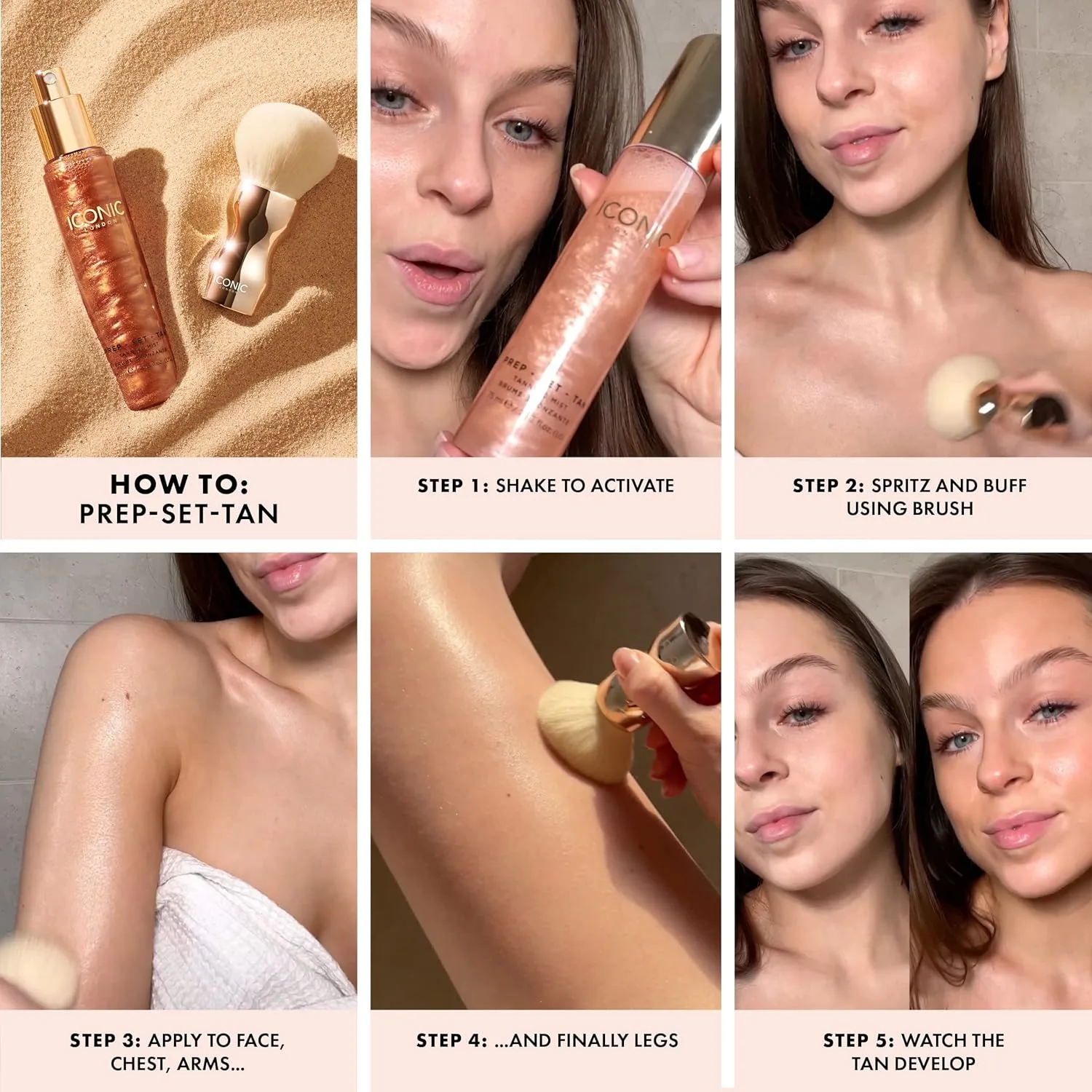 ICONIC LONDON Prep-Set-Tan Glow | Мерцающий спрей для лица с гиалуроновой кислотой, не тестируется на животных, веганский продукт, 75 мл — фото 3