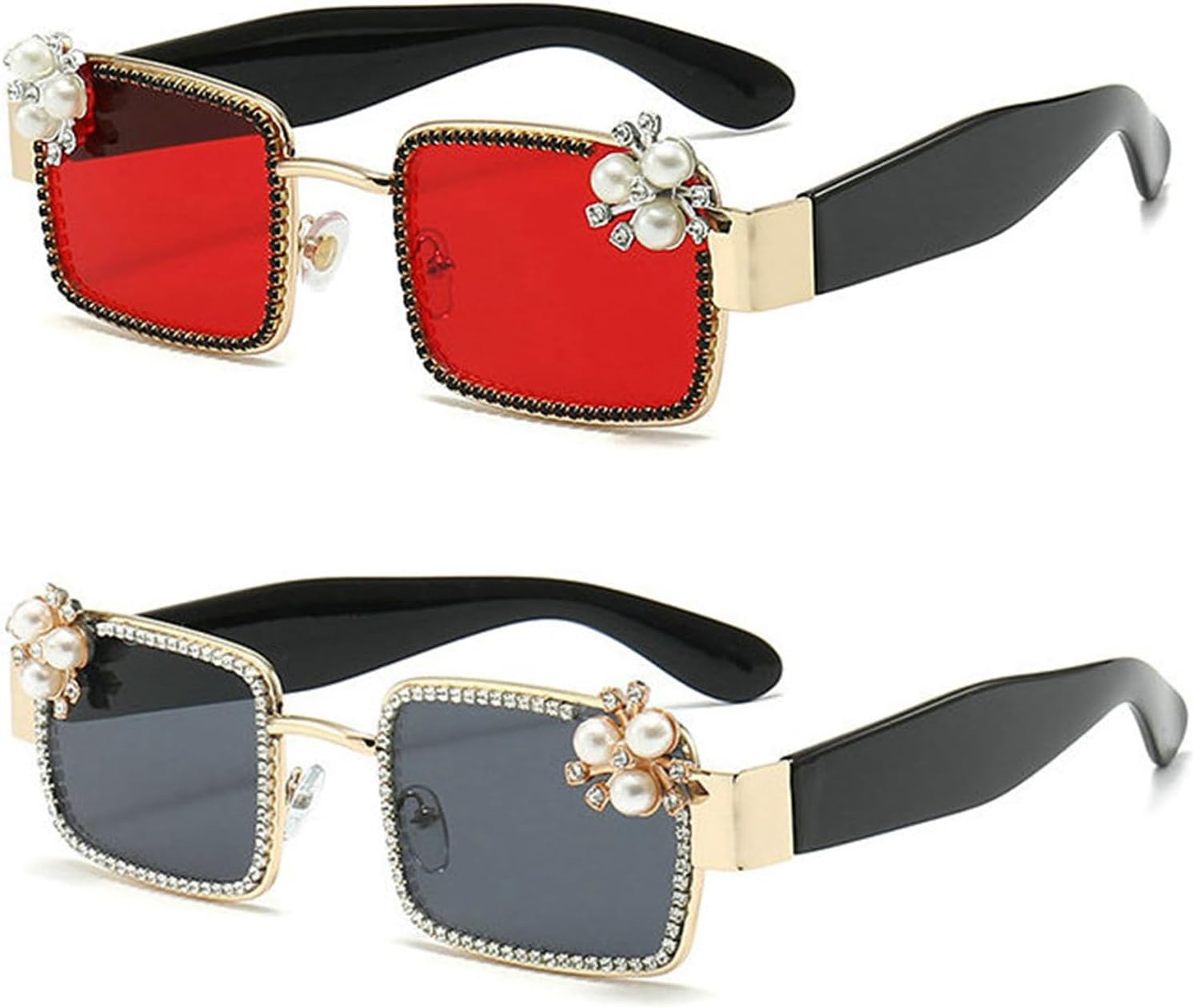 

Женские солнцезащитные очки Helena Trendy Square Rhinestones с блестящими стразами, модные кристальные очки для вечеринок, сверкающие бриллиантовые очки для женщин, Gold Gray+red