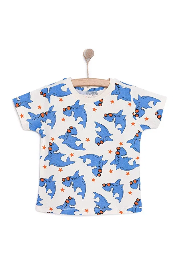 Детская футболка с принтом для мальчиков Shark Printed Ebebek Hello Baby, Ecru — фото 3