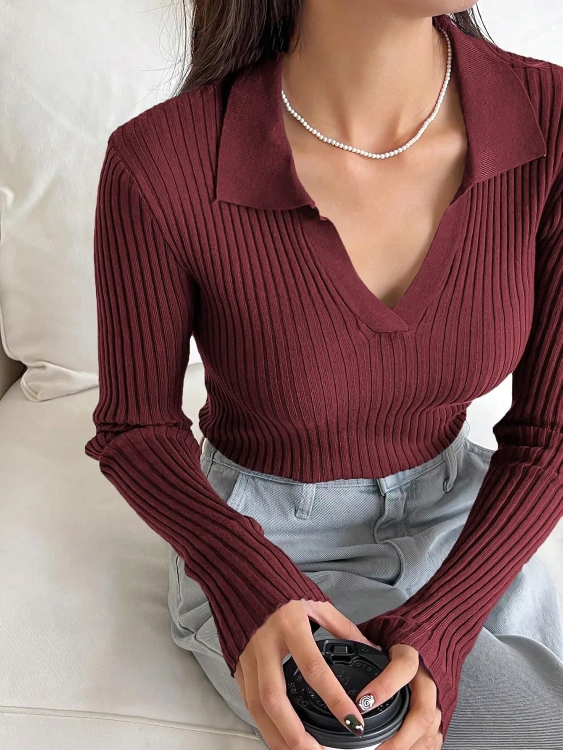 Женский свитер свободного кроя с длинным рукавом, Ribbed Crew Neck, красный — фото 3
