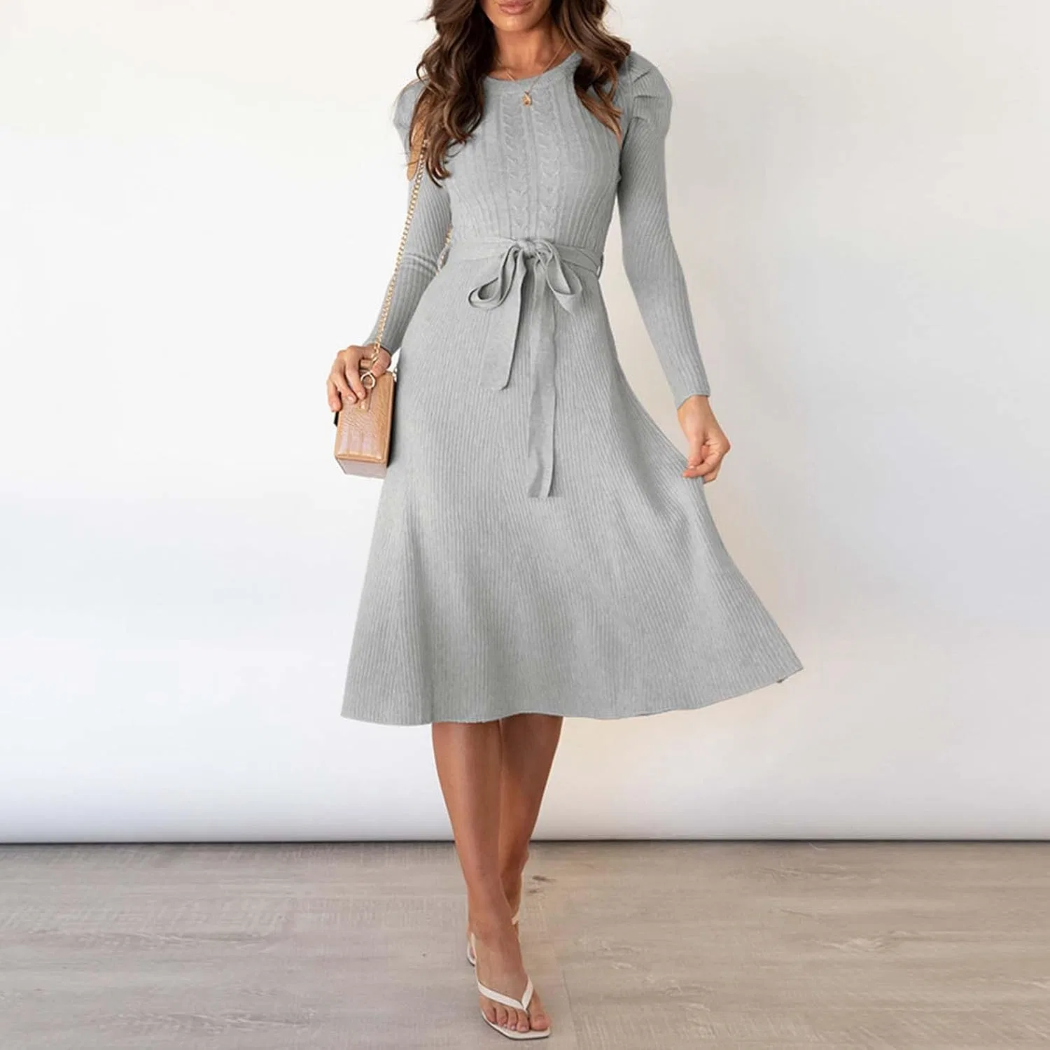 Женское вязаное платье-свитер A-line полуприлегающее, Grey — фото 3