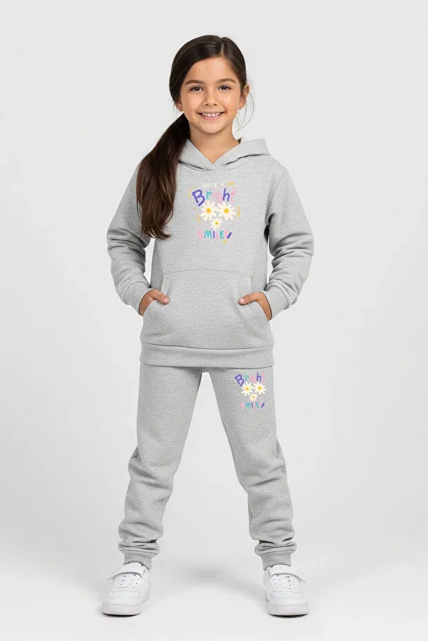 Детский комплект для девочек с принтом Hooded girls tracksuit set with kangaroo pockets and smile print Ya Ko Kids, Gray