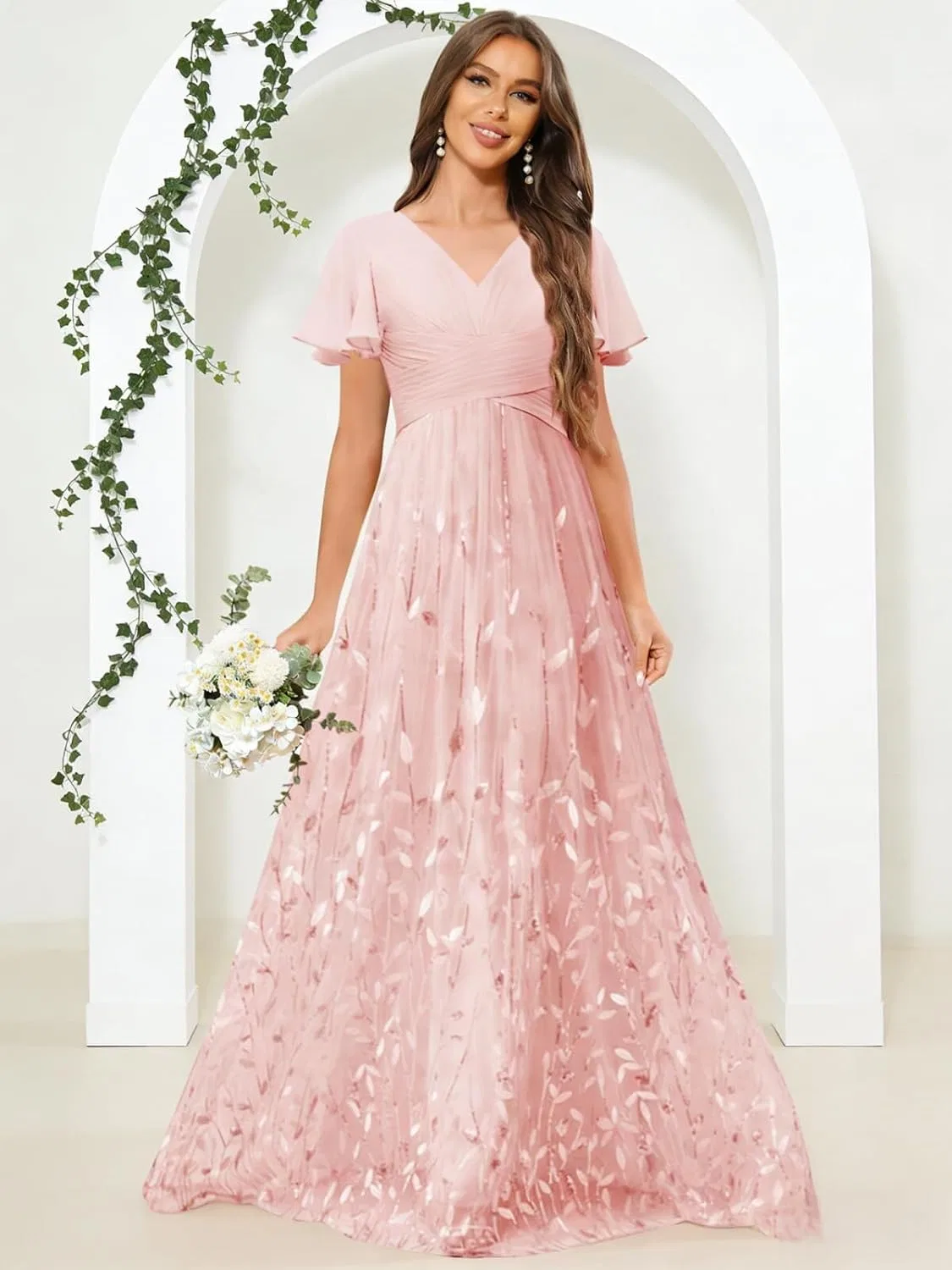 Женское вечернее платье с пайетками и листьями, LA150, Dusty Rose — фото 2