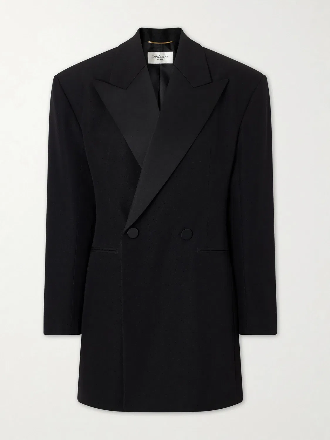 Двубортный блейзер из шерстяного крепа с атласной отделкой, Saint Laurent, черный
