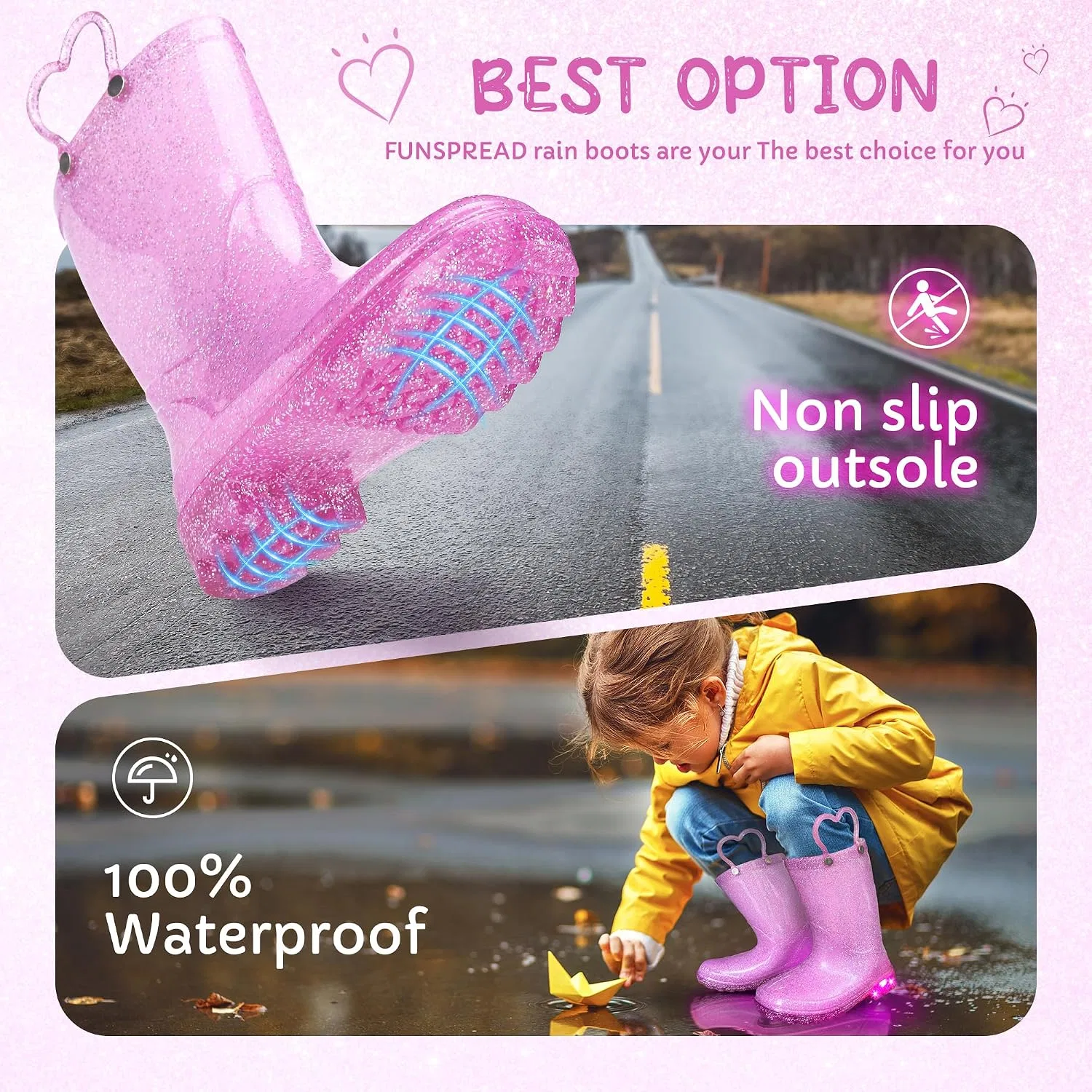 Детские сапоги дождевые с блёстками и подсветкой Funspread, Glitter Pink — фото 4