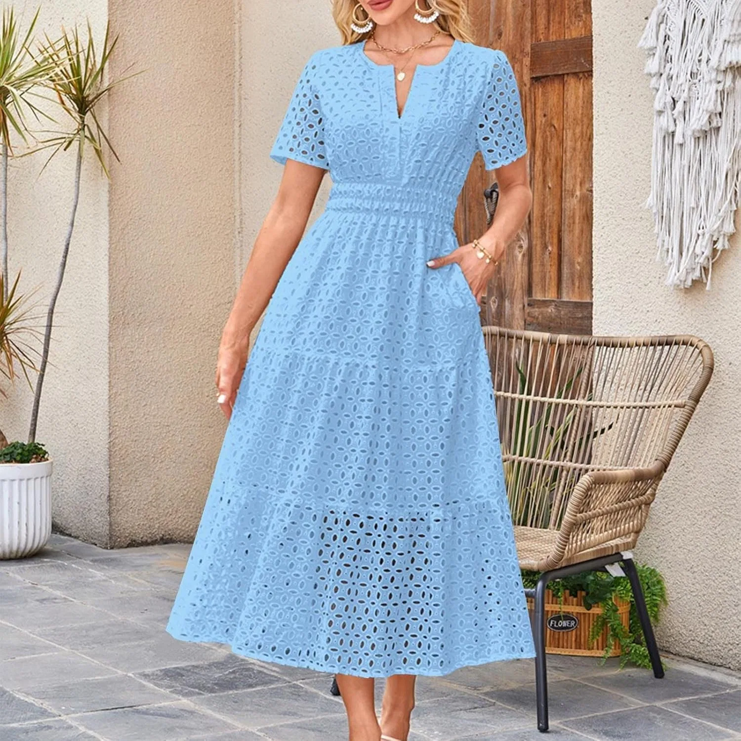 Женское летнее платье макси с вырезами богемный стиль, Light Blue — фото 2
