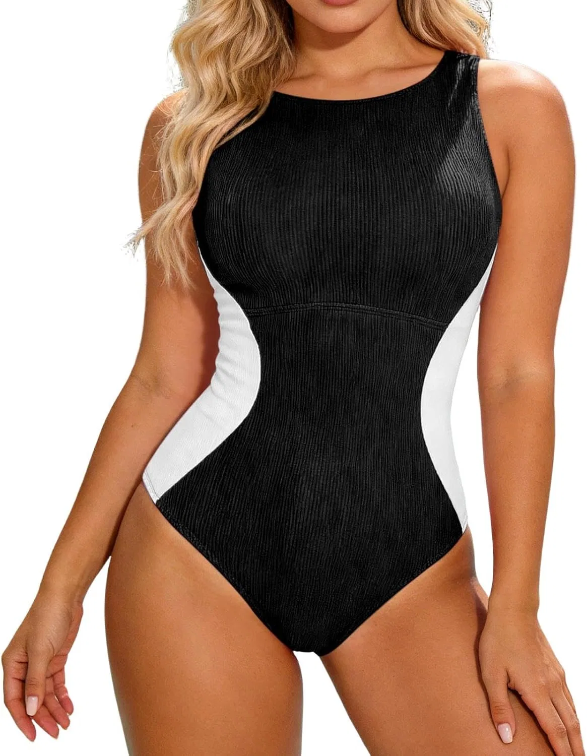 Женский цельнокроеный купальник с эффектом утяжки Ribbed Color Block, Black