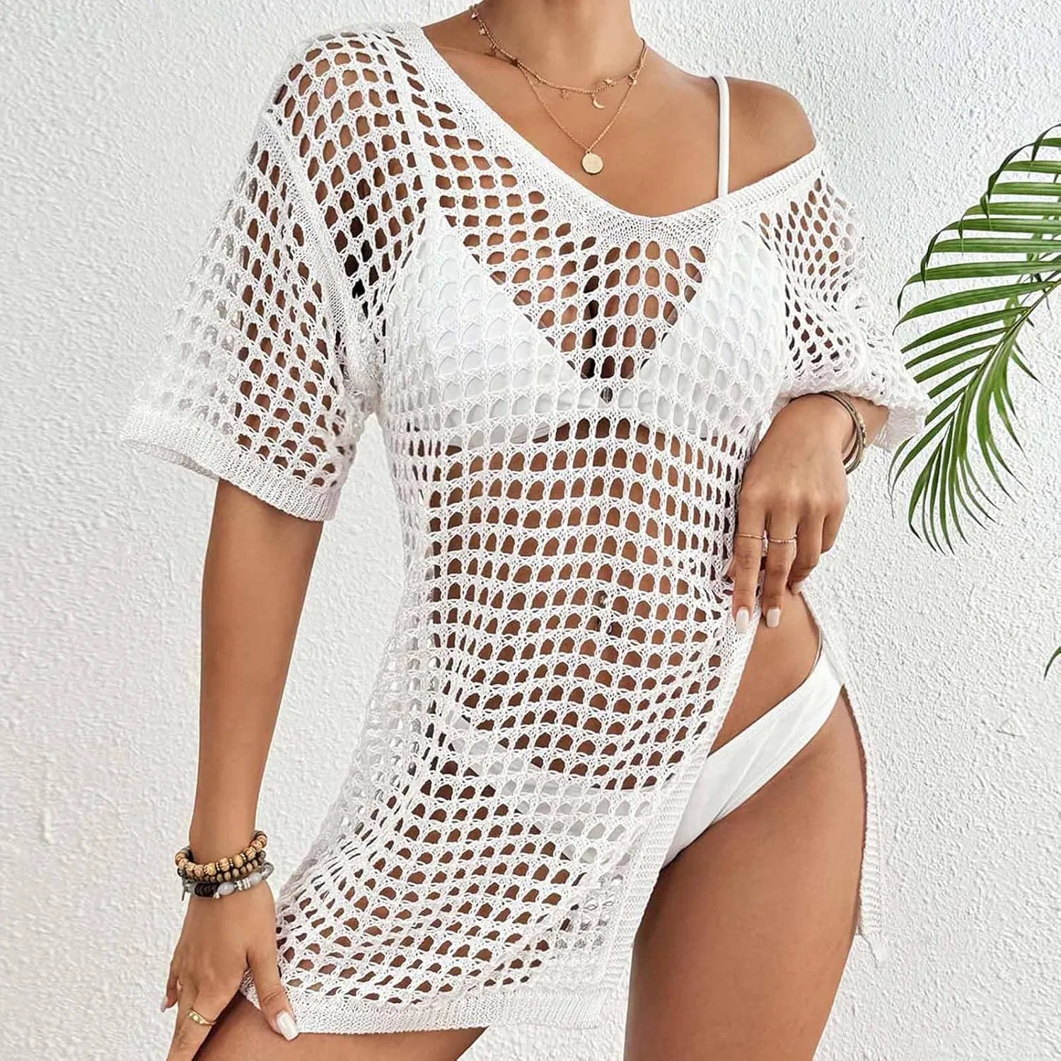 Женская пляжная накидка с вязаным узором V-образным вырезом, White — фото 2