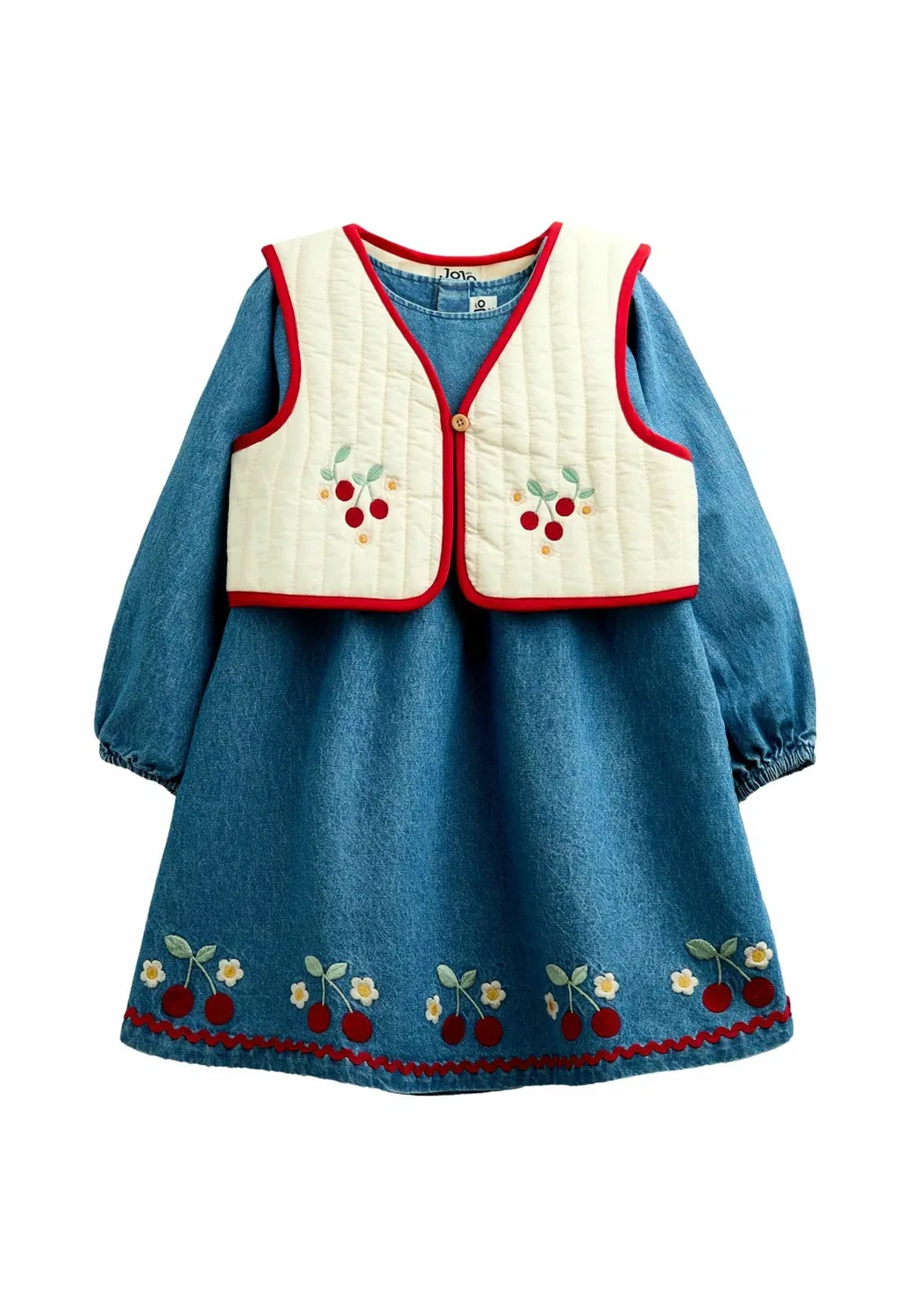 Комплект из вышитого джинсового платья и стеганого жилета Jojo Maman Bébé, Denim Cherry
