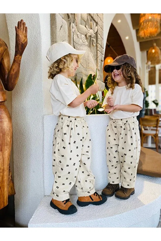 Детские брюки для девочек с принтом Teddy Bear Patterned Balloon Pants Padri Kids, Nude Color — фото 4