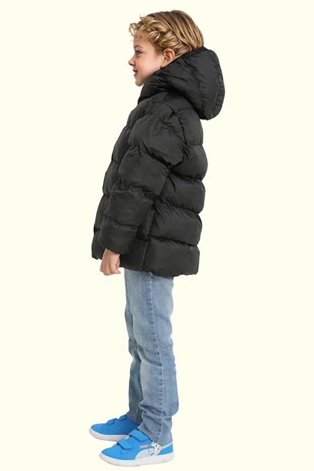 Детский зимнее пуховик с капюшоном с принтом Boy'S Black Fleece Hooded Waterproof Windproof Puffed Winter Coat Firststops, Black — фото 4
