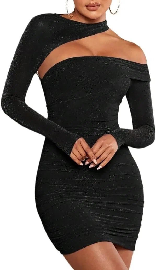 Женское мини-платье с асимметричным вырезом Jinhuili, Black