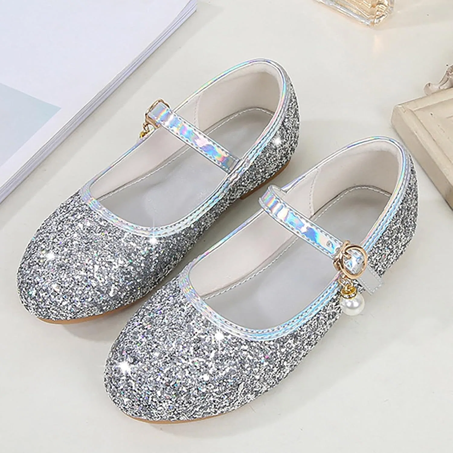 Детские туфли-балетки с блестками для девочек Mary Jane Flower Girl Princess, Silver — фото 2