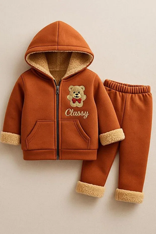 Детский комплект худи и спортивных штанов для девочек с принтом Teddy Bear Detailed Soft Plush Classy Moda, Orange